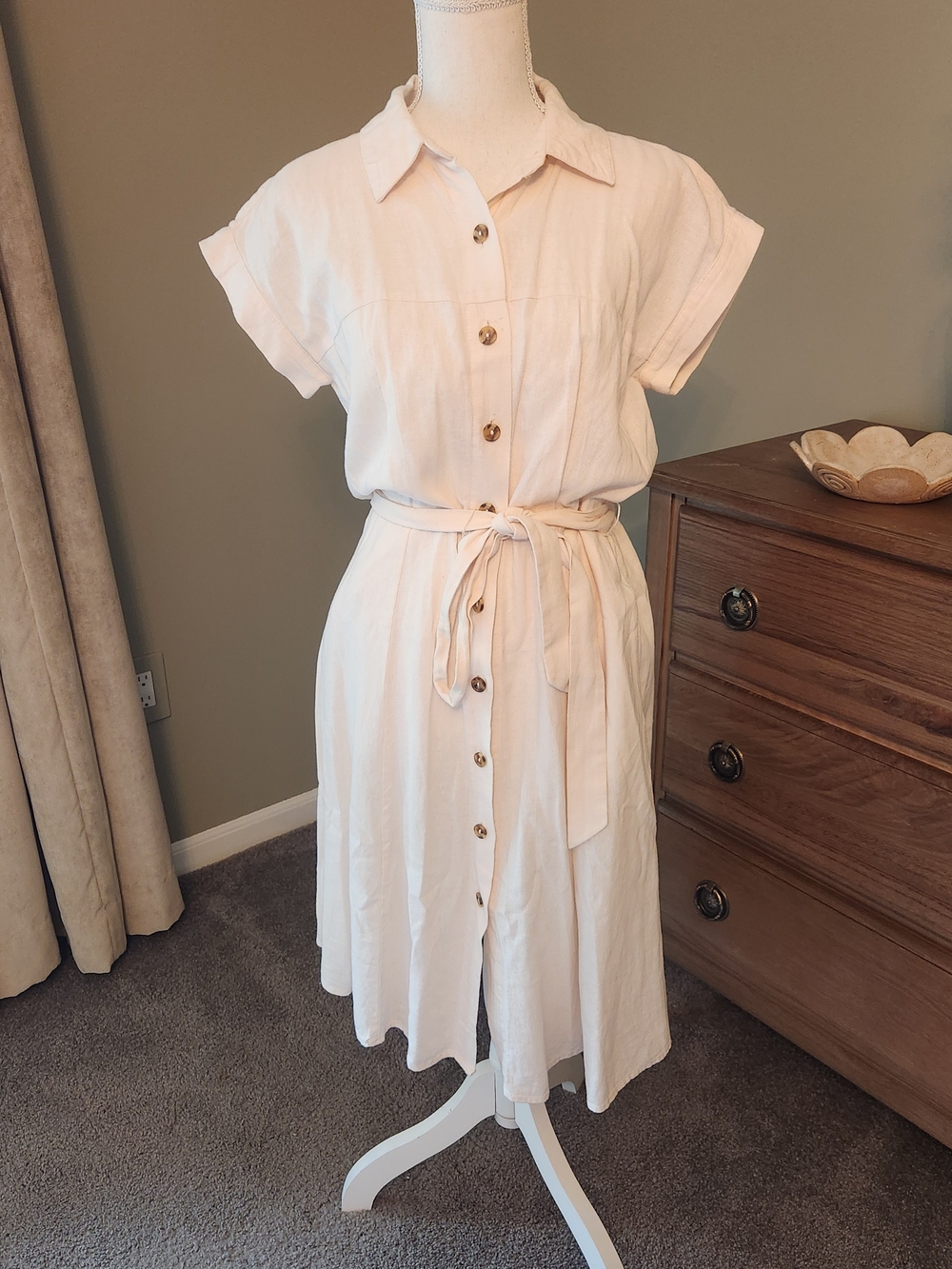 Calvin Klein Cream Button-Front Tie-Waist Midi Dress